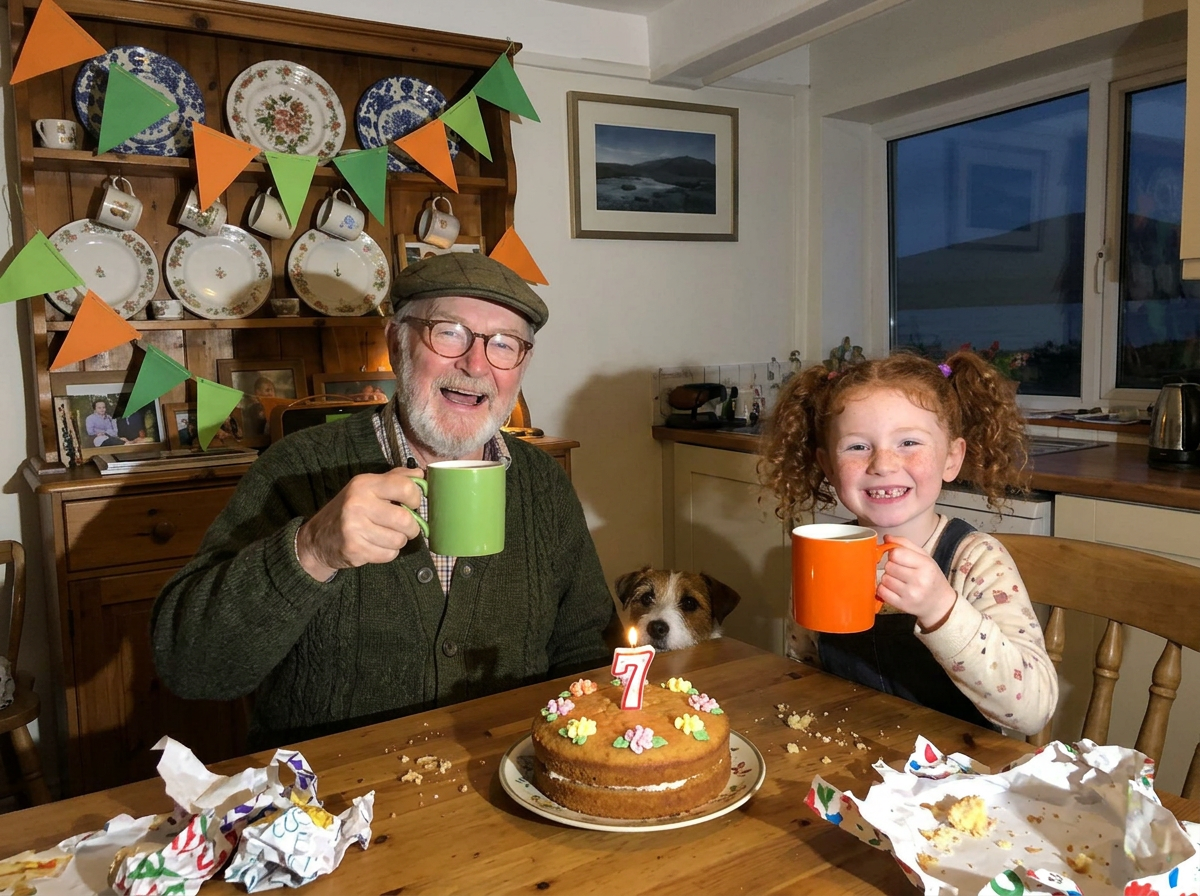 Snapshot of a birthday cake with a grandfather and girl raising mugs