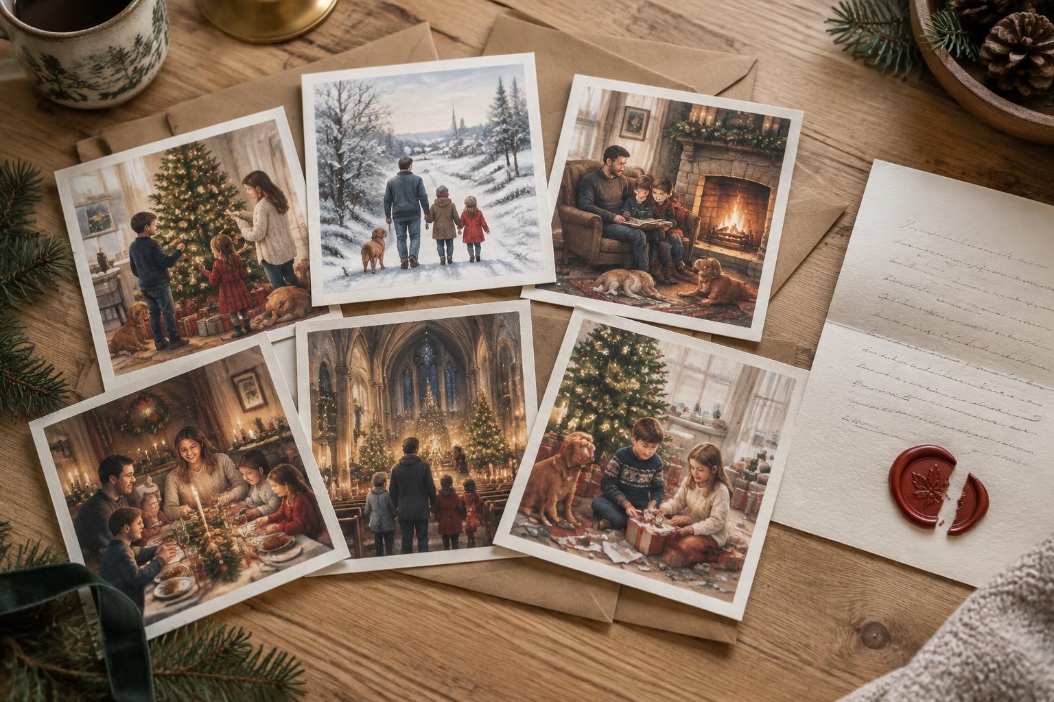 Six illustrated Christmas cards of one family's Christmas, fanned out beside an open handwritten letter and a broken red wax seal.
