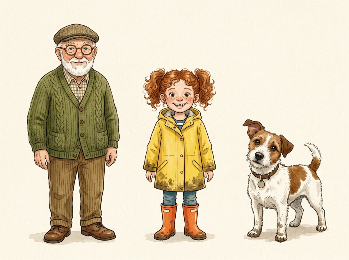 Character reference: Grandad Tom (72, white beard, round tortoiseshell glasses, tweed cap, moss-green cardigan), Ciara (6, curly auburn bunches, freckles, yellow raincoat, orange wellingtons) and Biscuit, a brown-and-white terrier.