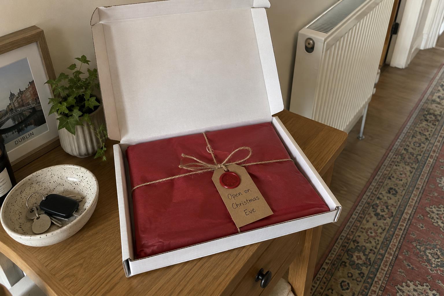 A white book mailer opened on a hall table, with a red tissue parcel inside tied with twine and an Open on Christmas Eve tag