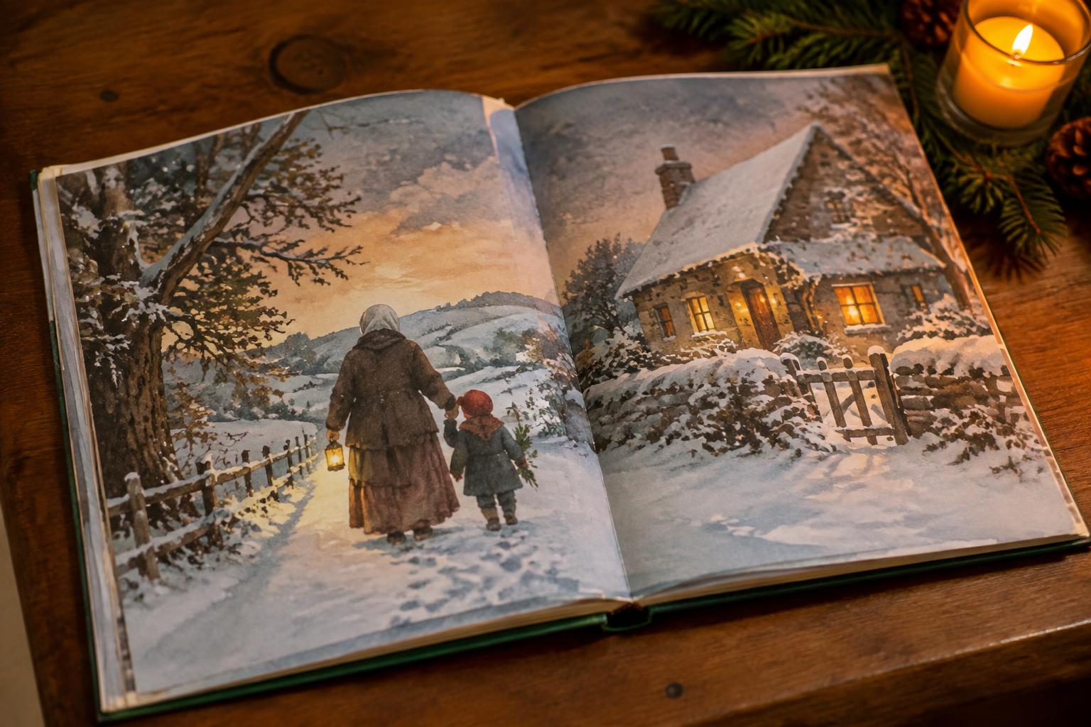 An open storybook showing a watercolour grandmother and child walking through snow to a glowing cottage