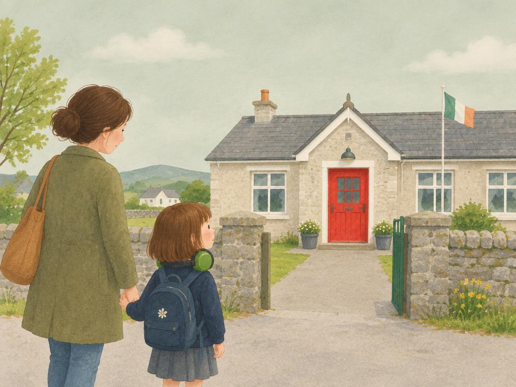 A girl with ear defenders round her neck holds her mam's hand, looking at a school with a red door.