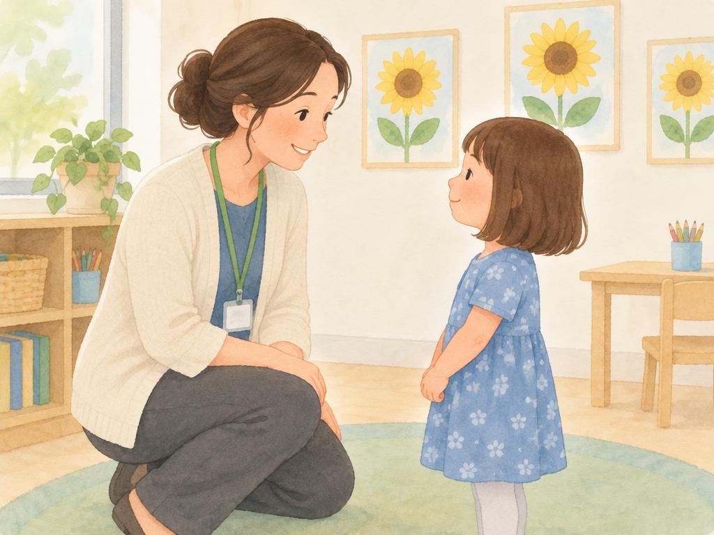 A smiling teacher with a green lanyard kneels to greet the girl in a classroom with sunflower pictures.