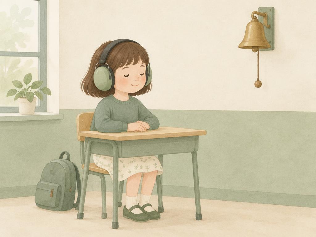 The girl sits calmly at her desk wearing green ear defenders, a bell on the wall.
