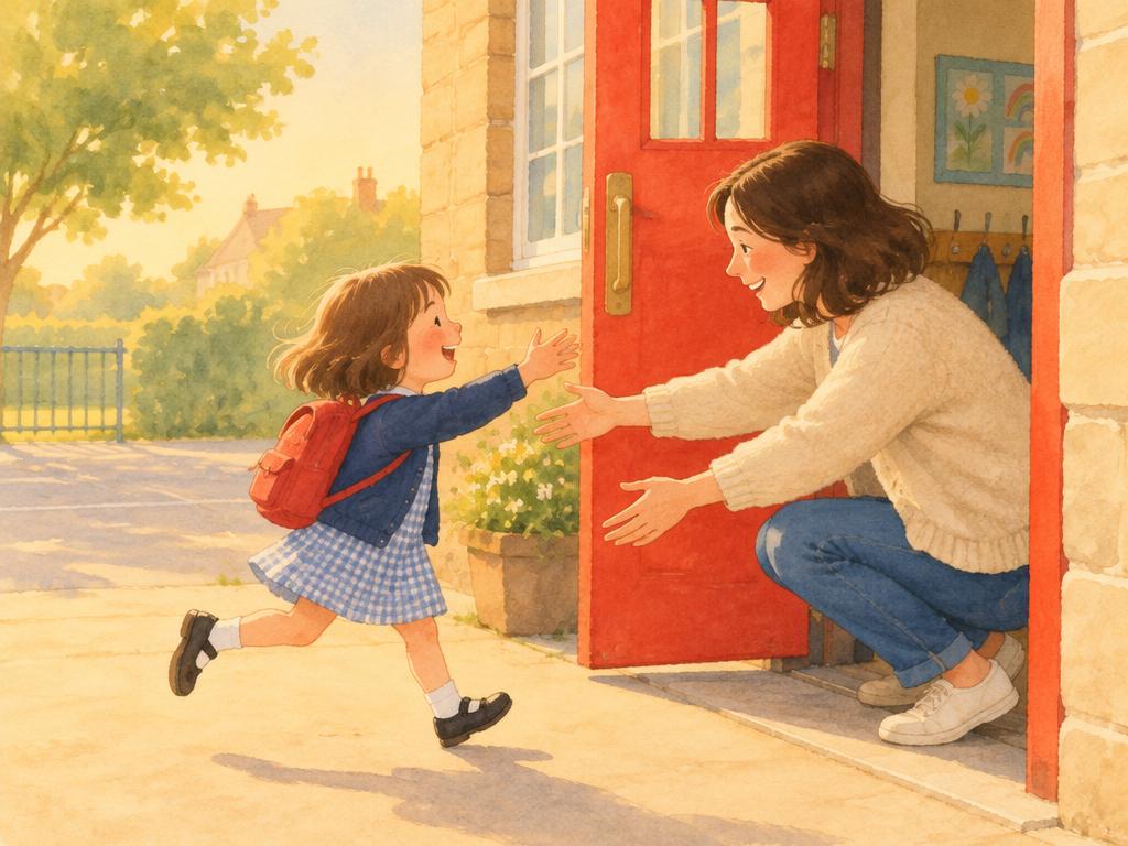 The girl runs happily into her mam's arms at the red school door in golden afternoon light.