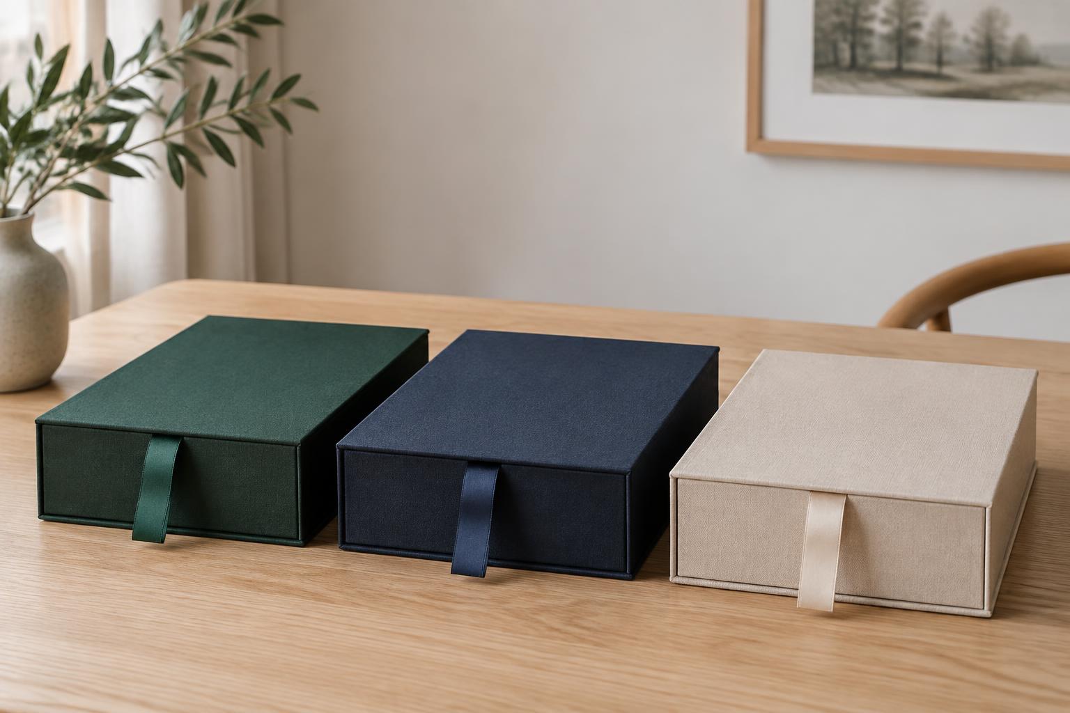 Three presentation boxes in forest green, midnight navy and oatmeal linen
