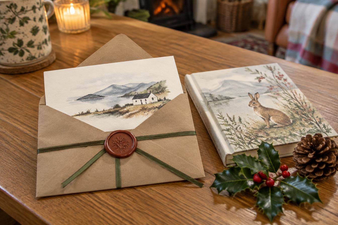 A gift voucher in a kraft envelope with a wax seal, beside an illustrated storybook and holly