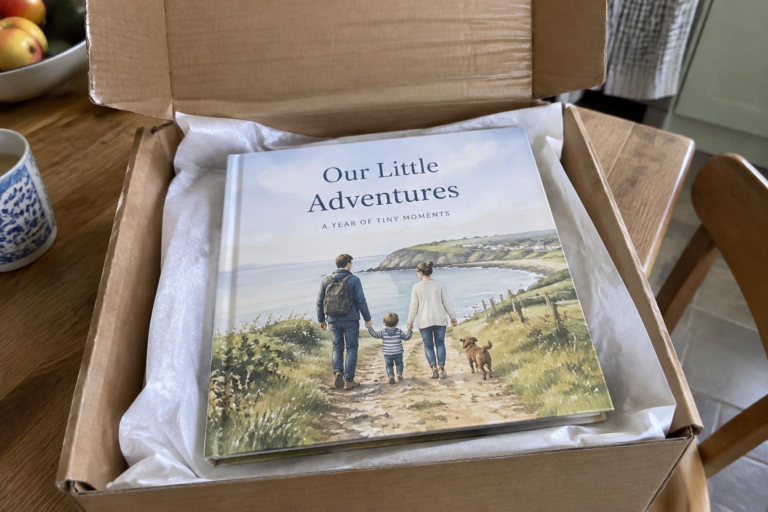 A square hardback resting on white tissue inside a brown book carton