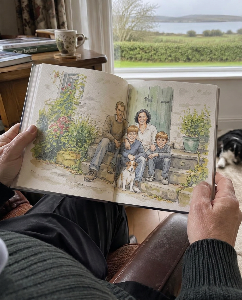 An older man in an armchair holding the hardback open at a watercolour family portrait