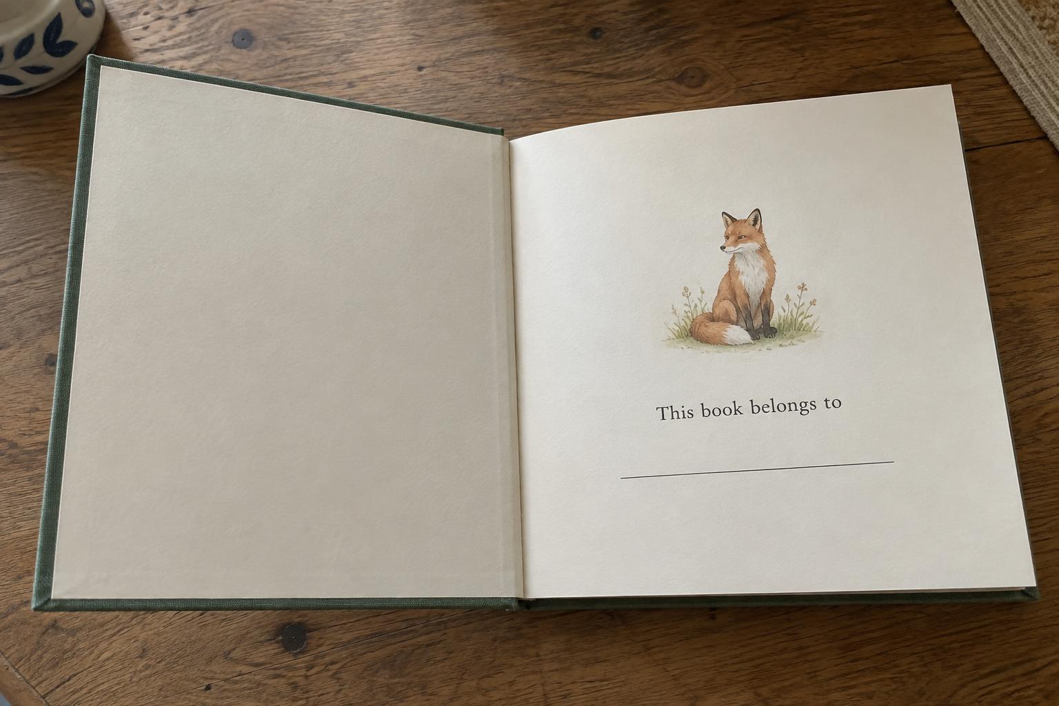 Inside the front cover: plain cream endpaper and a This book belongs to page with a small watercolour fox