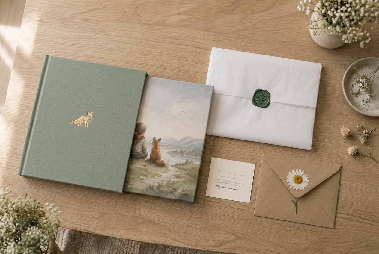a square softcover storybook sliding out of a sage-green foil-stamped slipcase, beside tissue sealed with green wax, a numbered certificate and a kraft keepsake envelope holding a pressed daisy.