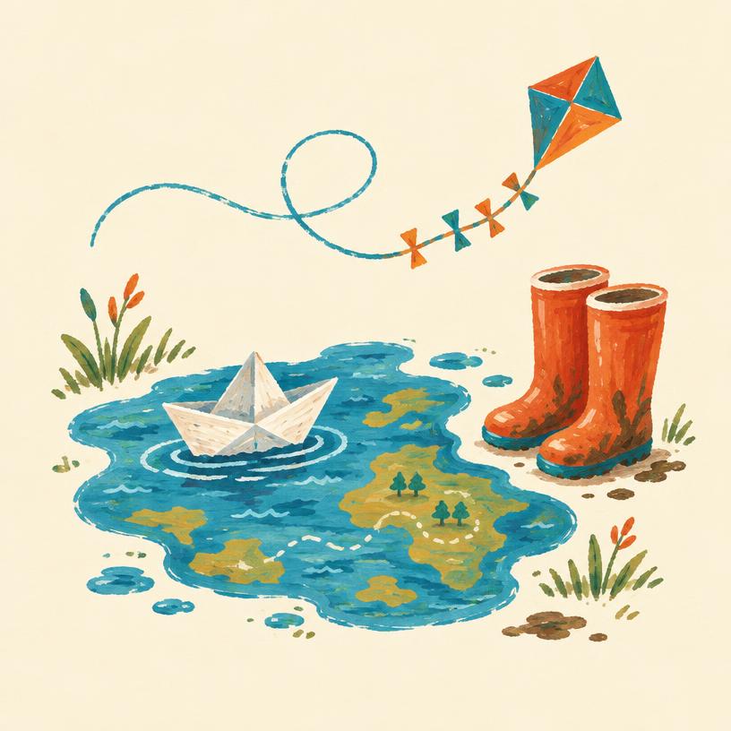 A paper boat on a puddle shaped like a map, a kite overhead, wellington boots.