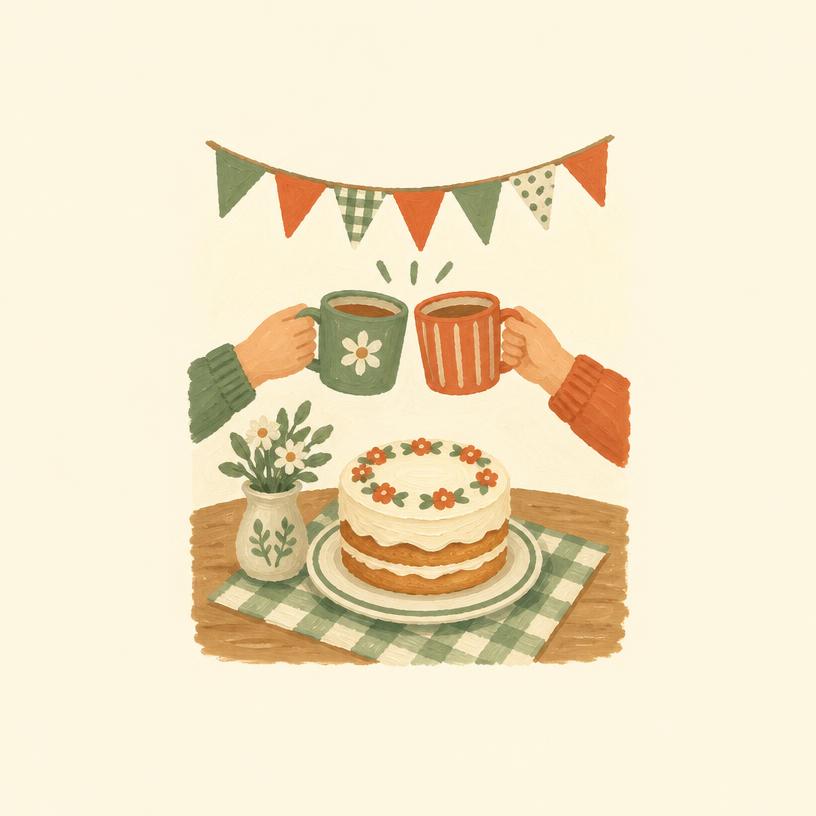 Two mugs raised over a small iced cake beneath paper bunting.