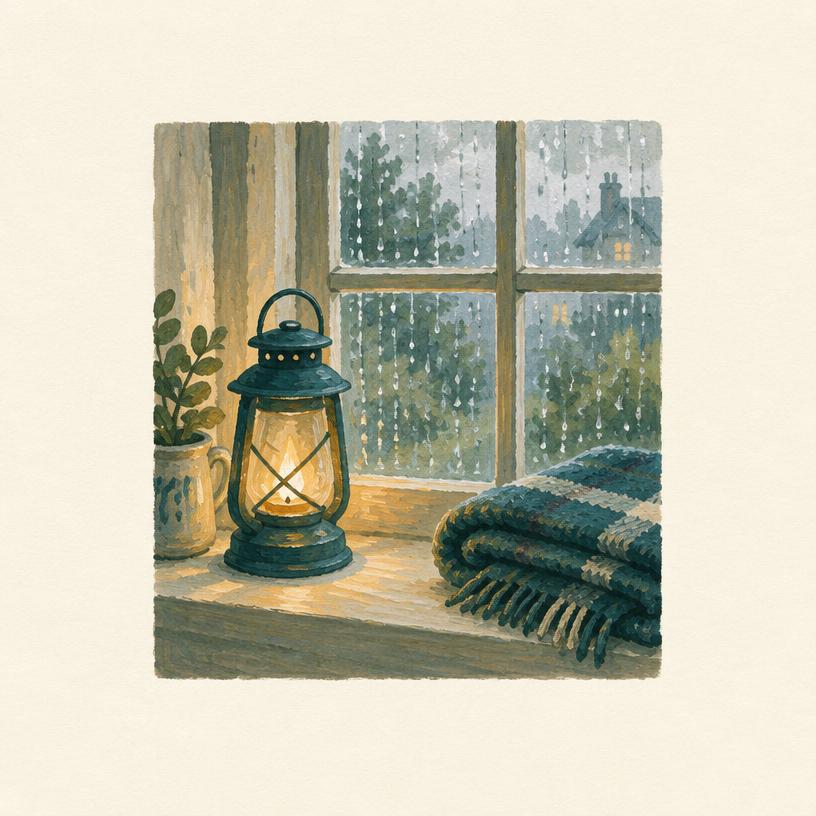 A lit lantern on a windowsill beside a folded blanket, rain on the glass.