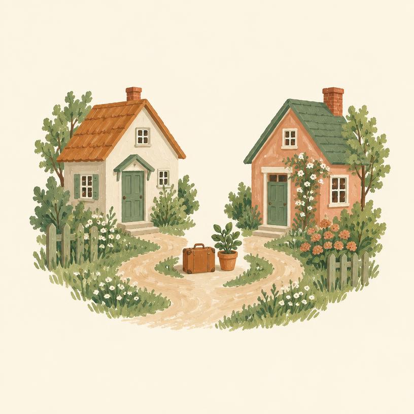 Two small houses joined by a winding garden path, a suitcase between them.