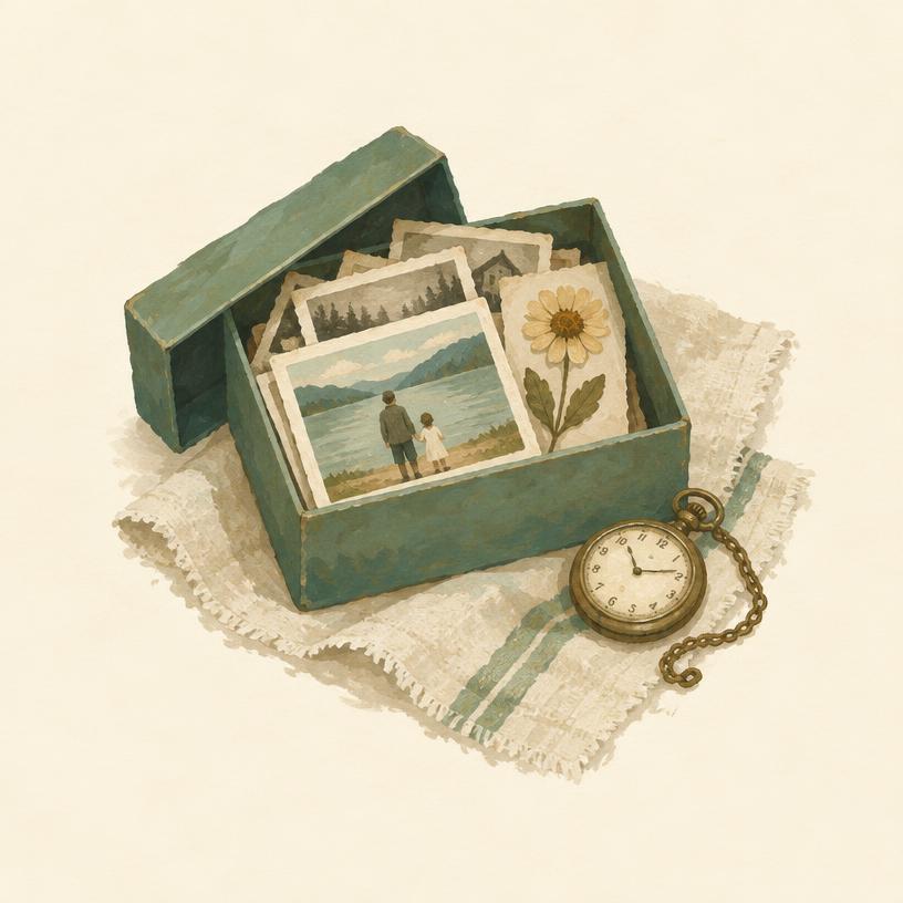An open box of old photographs with a pressed flower and a pocket watch.