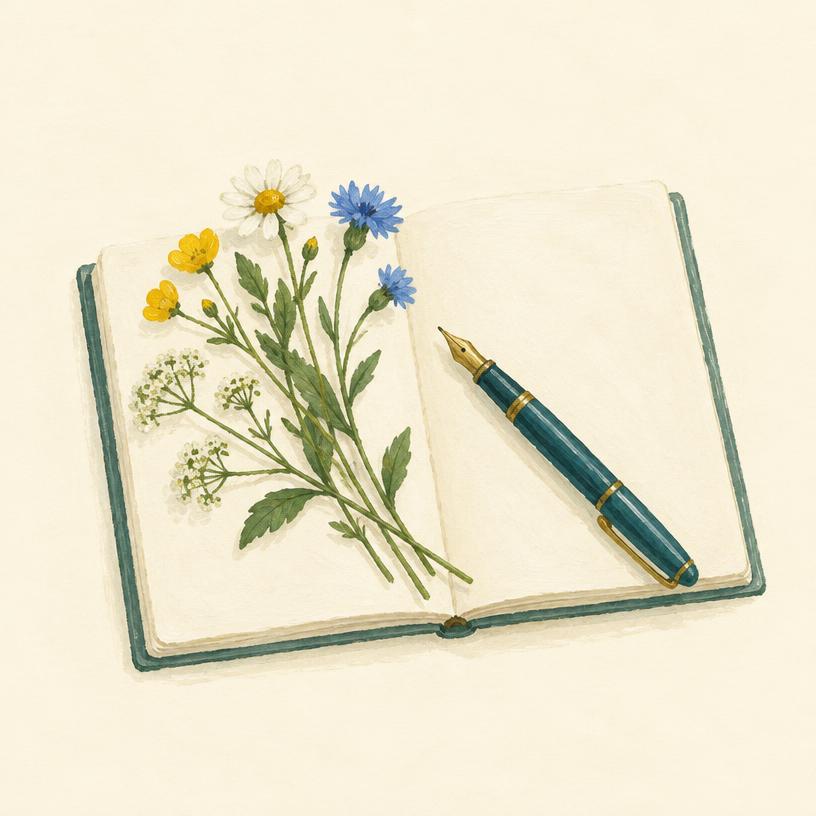 An open blank notebook with a fountain pen and wildflower stems.