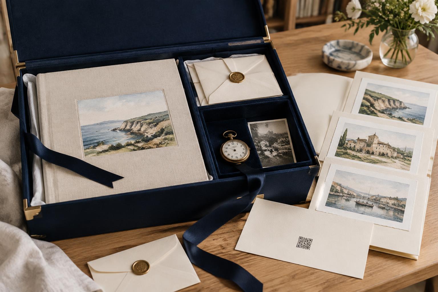 a navy chest with gold corners opened, a linen book, memory journal, framed print, sealed letters, a keepsake compartment with a pocket watch and a voice-note card floating above.