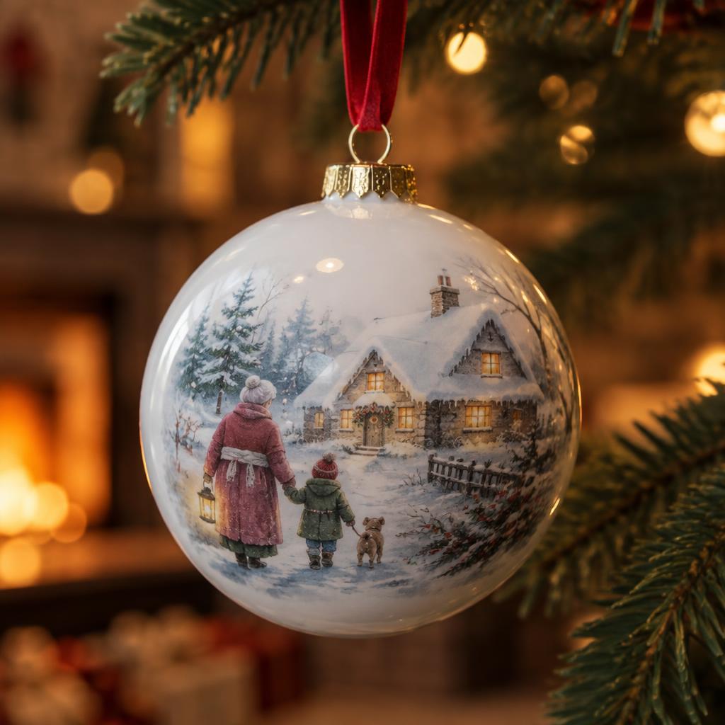 A white porcelain bauble on a fir branch, painted with a grandmother and child walking to a snowy cottage.