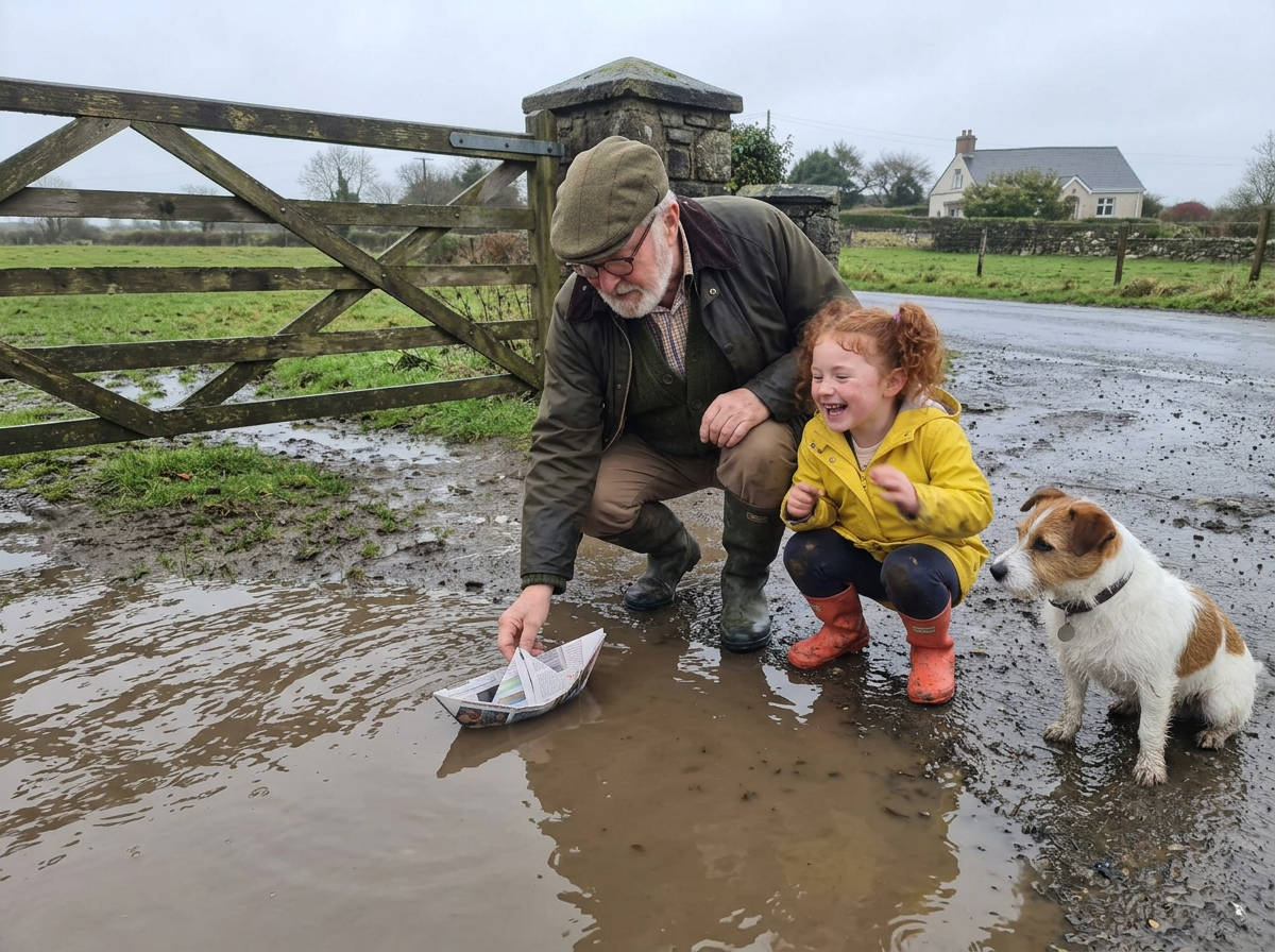Phone snapshot of a grandfather folding a paper boat by a puddle with a girl