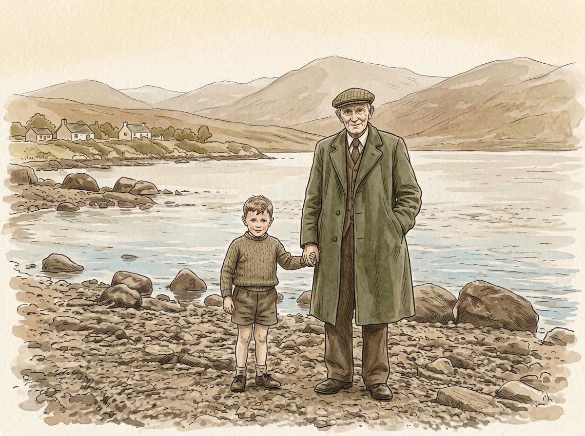 The same moment painted in soft sepia watercolour
