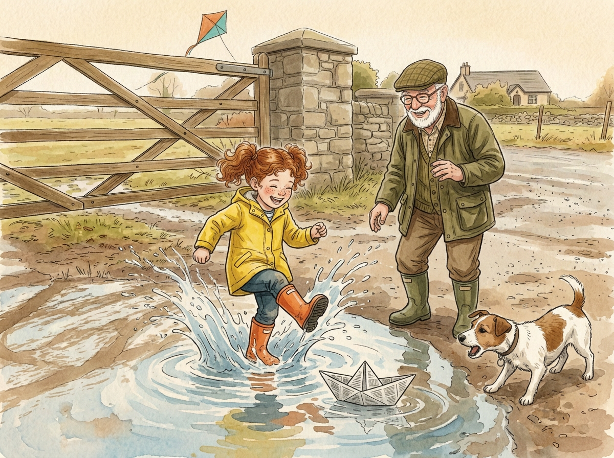 Ciara splashes in the puddle as a paper boat sails past; Grandad Tom laughs and Biscuit barks at the tiny waves under an orange-and-teal kite.