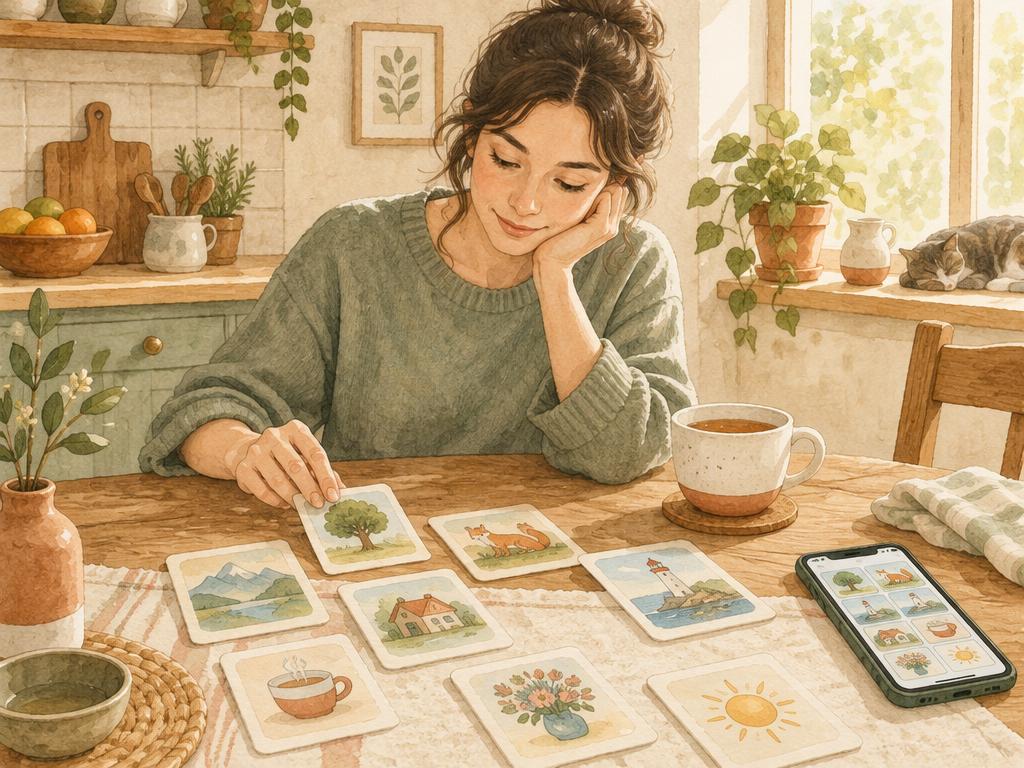 A woman with a cup of tea choosing between illustrated picture cards on her kitchen table.