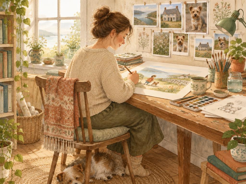 An illustrator painting a picture-book page at a sunlit desk, reference photos pinned above, a terrier asleep below.