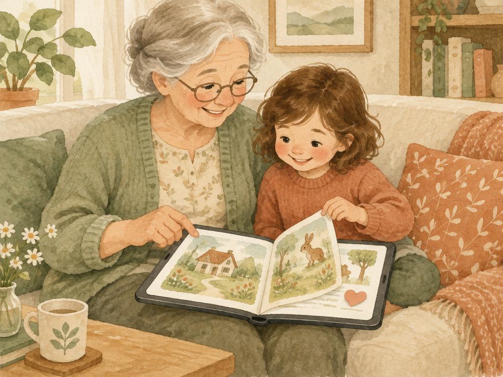 A grandmother and a child reading an illustrated book on a tablet; a heart-shaped note sits on one page.