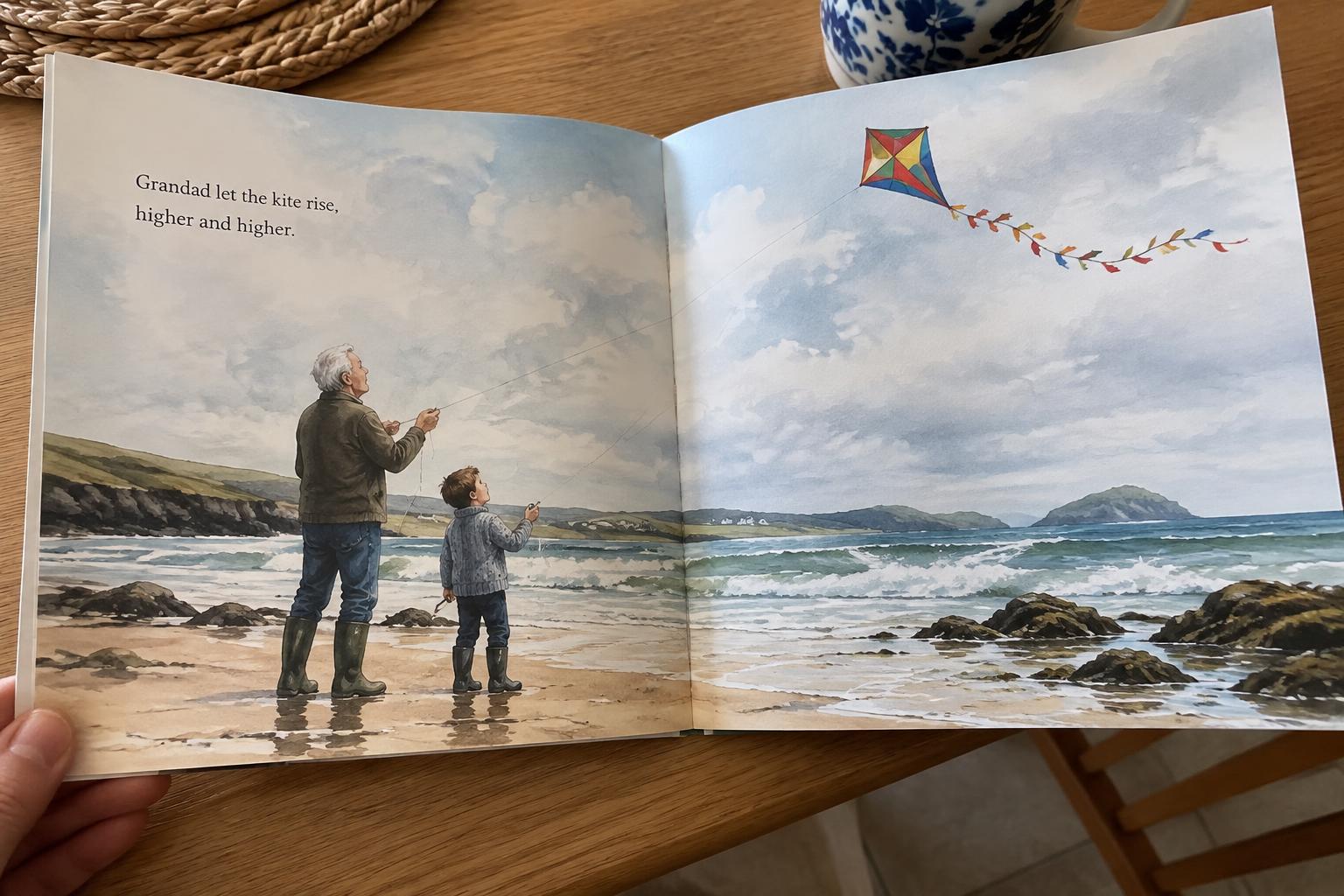 The Story open at a watercolour spread of a grandad and boy flying a kite on an Irish beach