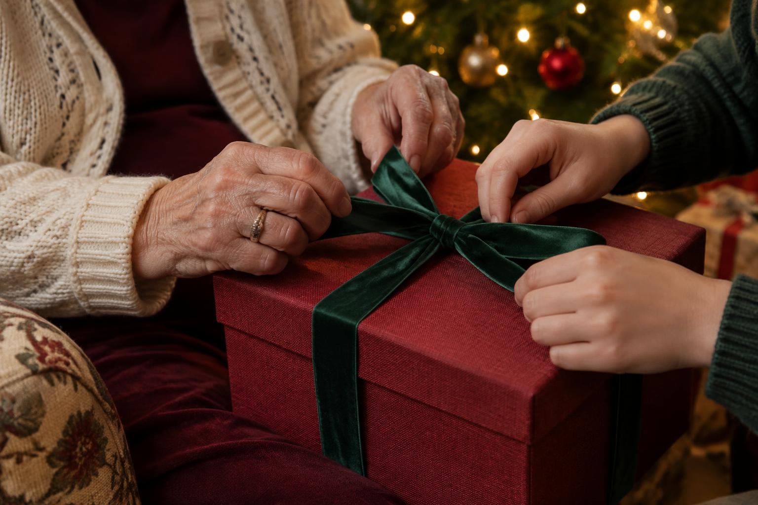 A grandmother's hands and a younger person's hands untying the green velvet ribbon on the red chest beside the tree.
